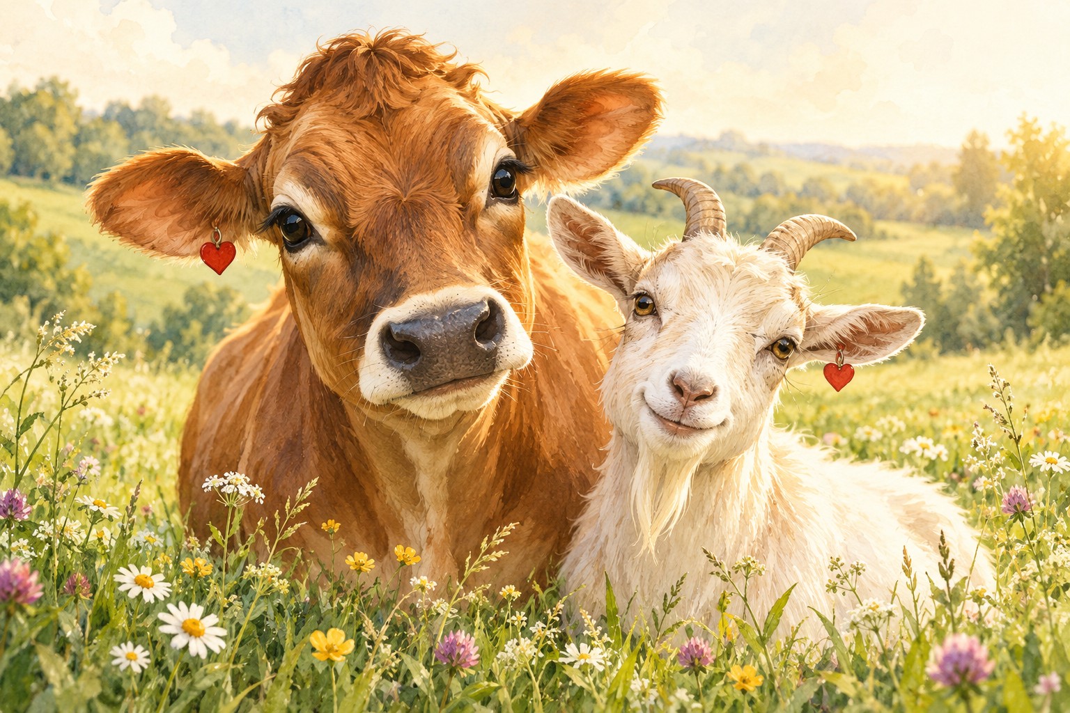 Veselá ilustrace jersey krávy a kozy se srdíčky v uších